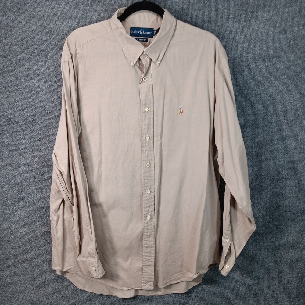 Ralph Lauren Classic Fit Button Down Shirt Brown Pony Logo Mens 17.5 XL